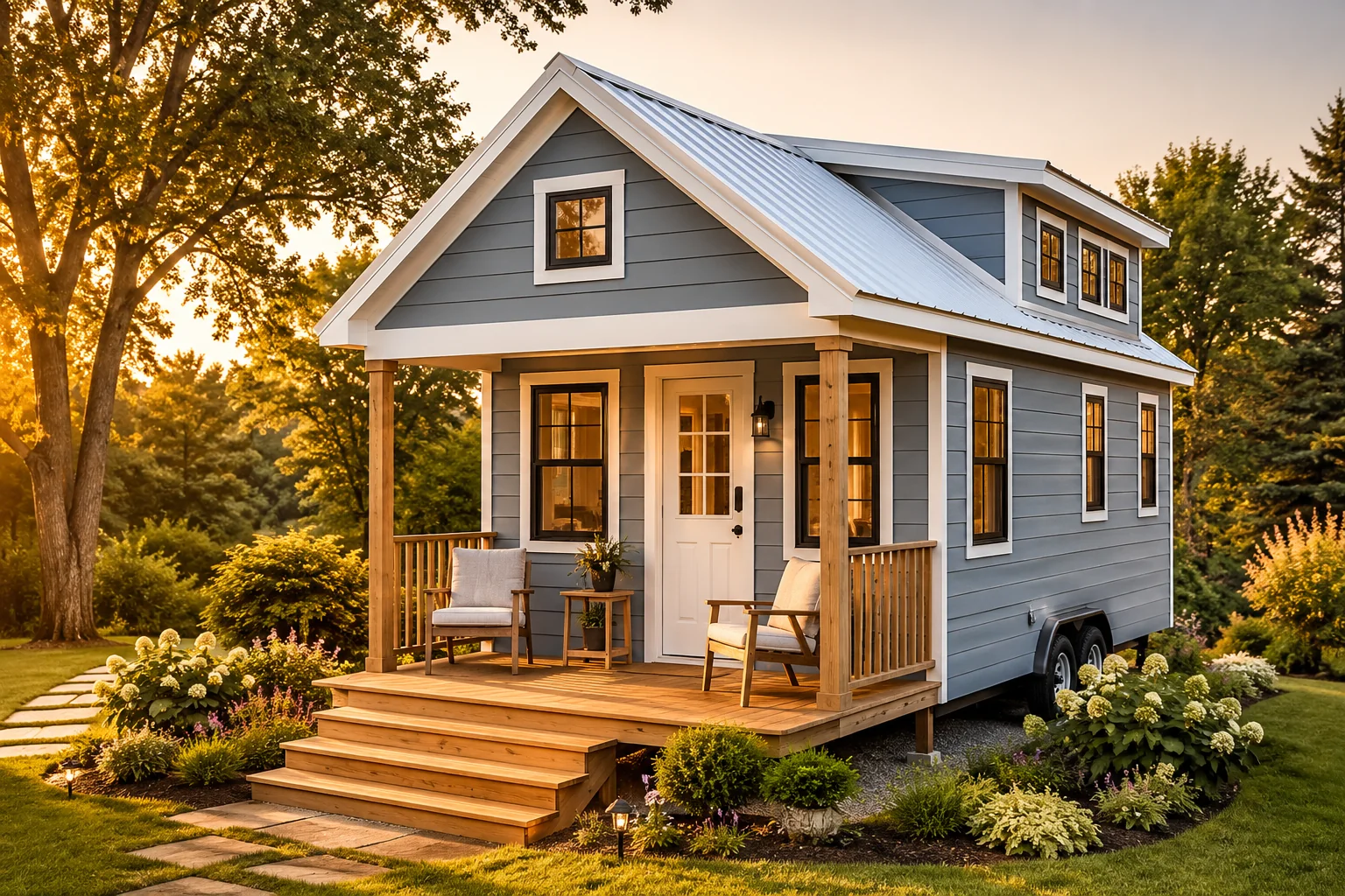 Gray tiny cottage with a welcoming porch in a sunlit garden
