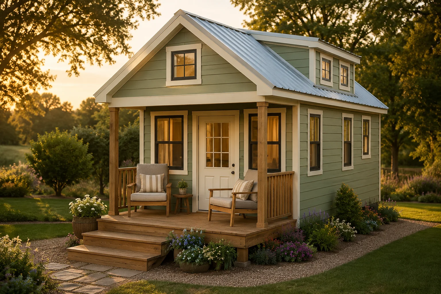 Gray tiny cottage framed by flowers and warm evening light