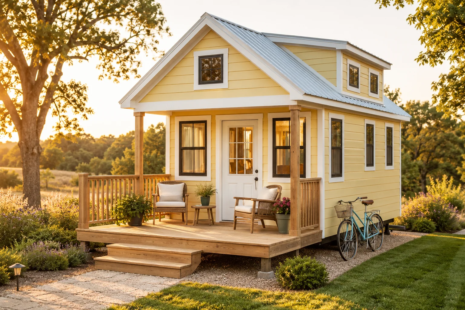Sunny yellow tiny cottage with porch chairs and a bicycle